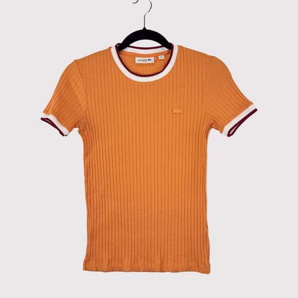 Lacoste Womens Shirt Orange Crew Neck Fantasy Knit Ribbed Slim Fit 34 US Small - Picture 2 of 10